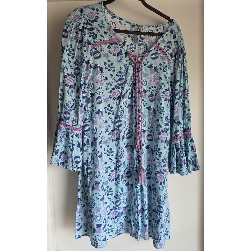 Nanette Lepore Mini Dress L Blue Purple Floral Collared Long Sleeve Boho